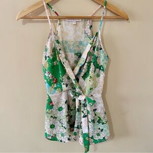 monteau| Los Angeles Floral V-Neck Spaghetti Strap Bow Top Green & Cream Sz S